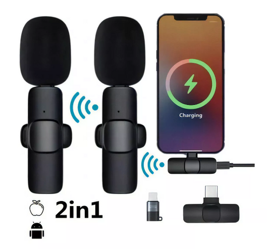 Micrófono Inalámbrico Solapa 2 En 1 Para iPhone O Tipo C Color Negro